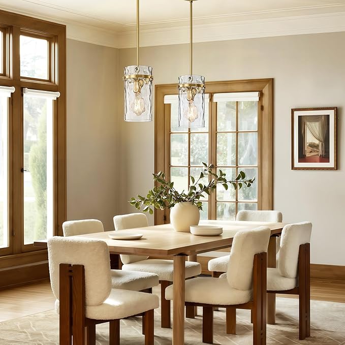 Brass Hammered Glass Pendant Light, 5.5" Brushed Gold Island Pendant Lights Vintage Kitchen Island Light Gold Pendant Light Fixtures Dining Room Light Island Lights Pendant Lighting 1 Pack