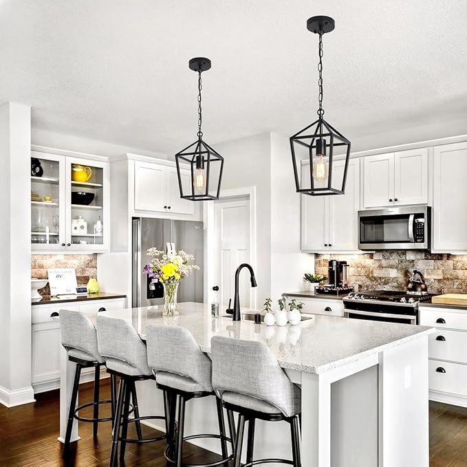Black Pendant Lights Over Island Farmhouse Kitchen Hanging Light Fixtures Modern Glass Hallway Pendant Light Industrial Metal cage Adjustable Mini Chandeliers for Dining Room Bathroom Foyer