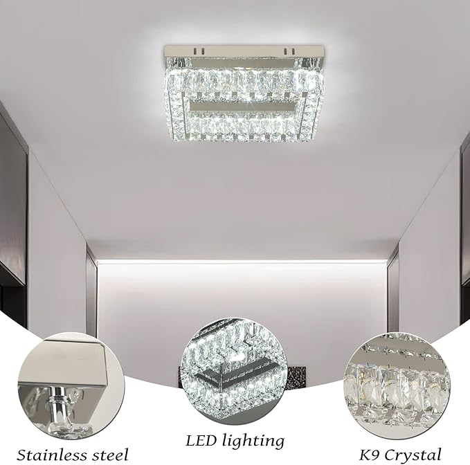 Finktonglan Modern Crystal Flush Mount Ceiling Light, 11.8" Rectangular LED Ceiling Fixture with Multi-Faceted Crystal Prisms, Cool White, 18W Low Profile for Bedroom Hallway Entryway