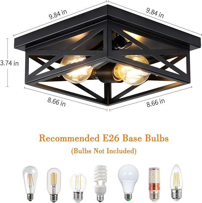 Black Rustic Metal Flush Mount Ceiling Light Fixture, 2-Light Industrial Farmhouse Hallway Light Fixtures, Metal Cage Closed to Ceiling Mounted Lights for Bedroom Kitchen Ceiling Lights