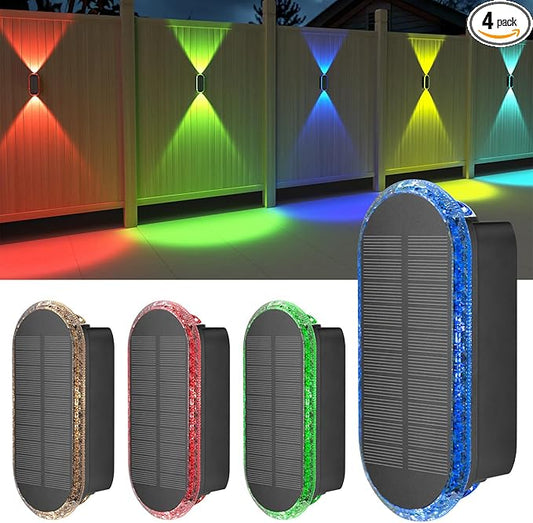 Ellasay Solar Fence Lights Backyark: 4-Pack Fence Lights Solar Powered 8 WRGB Color Modes - Up & Down Waterproof Solar Wall Lights for Outdoor/Yard/Poolside/Porch/Patio/Railing