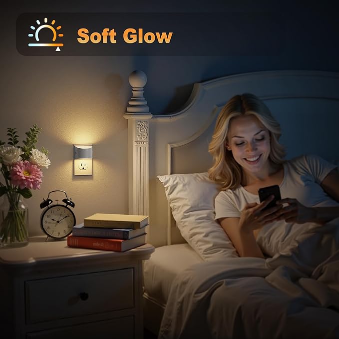 JandCase Night Light, Automatic Night Lights Plug into Wall,2 Pack Dusk to Dawn Sensor Nightlight, 3000K Soft White Brightness Adjustable Nightlight for Kids Bedroom Hallway Kitchen Decor