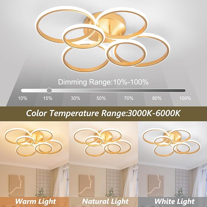 Modern Ceiling Lights, 6 Rings Dimmable Gold LED Ceiling Light Fixtures with Remote Control, 60W Close to Ceilings Lighting for Living Room, Bedroom, Dining Room