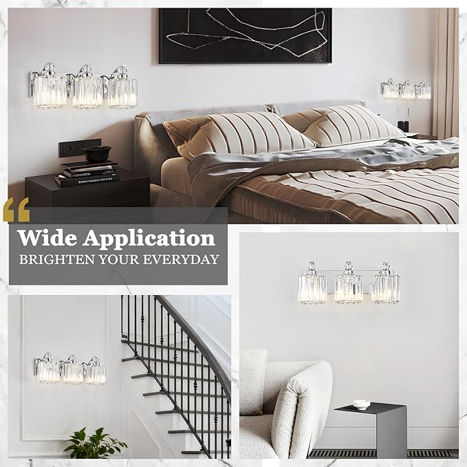 3-Light Modern Bathroom Light Fixture Chrome Vanity Lights Over Mirror Wall Sconce Lighting with K9 Crystal Shades Bathroom Wall Lamp E26 Base for Bedroom, Living Room, Hallway, Cabinet