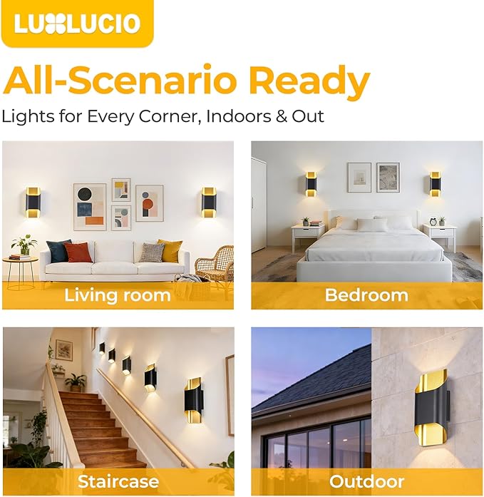 Balck Gold Wall Lights for Up and Wall Light, 5%-100% Dimmable, Modern Porch Light, IP65 Waterproof, 120V, 12W, 2700K-5000K 5Color Selectable CRI90+, ETL FCC