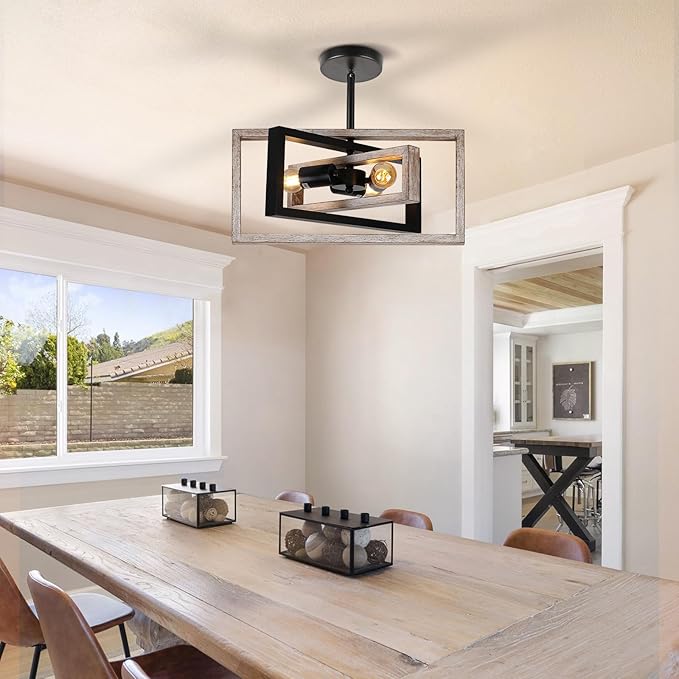 HuisMier Farmhouse 3-Lights Flush Mount Ceiling Light Fixture, Industrial Wood and Metal Chandelier, Retro Close to Ceiling Lighting for Kitchen Entryway Hallway Bedroom Dining Room Living Room Foyer
