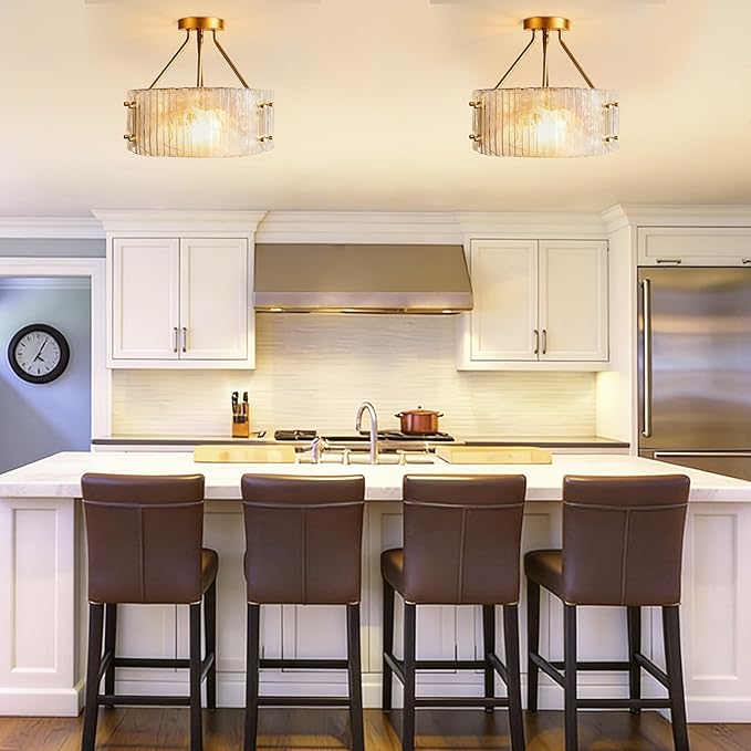 Gold Glass Semi Flush Mount Ceiling Light Fixture 3-Light Drum Ceiling Light Foyer Kitchen Lighting Fixtures D15 Farmhouse Flush Mount Ceiling Lights for Living Room Hallway Bedroom