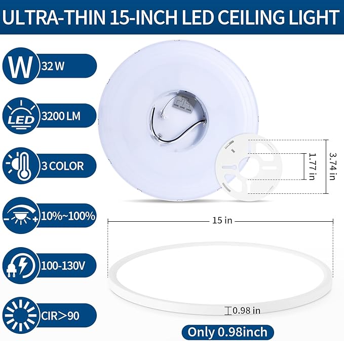 15'' Led Flush Mount Ceiling Light Fixture, 32W 3200LM, Dimmable & 3000K/4000K/6500K Selectable, Modern White Ceiling Lamp for Bedroom, Kitchen, Home Office, Hallway, Wired