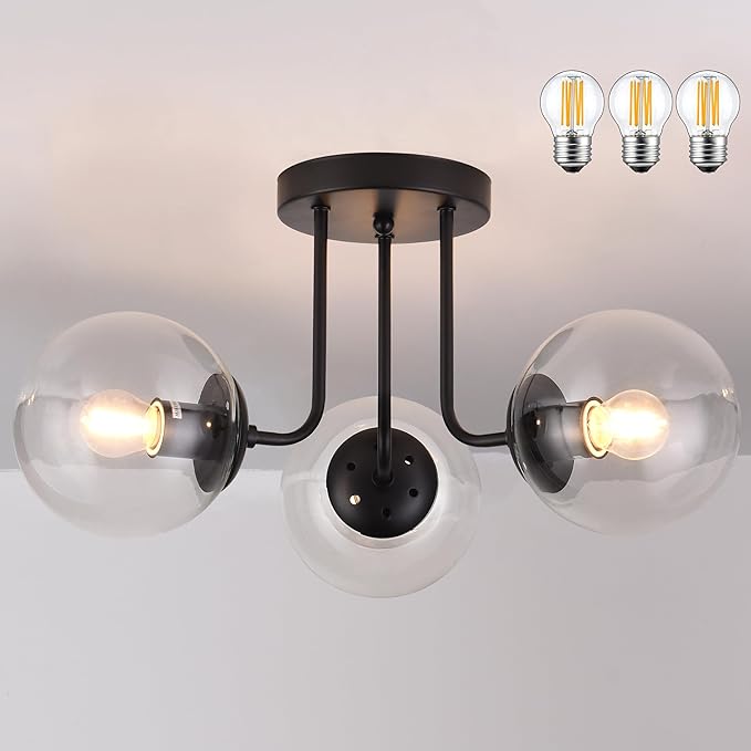 KoKo&Yukina 3-Light Semi Flush Mount Ceiling Light Globe Lights Mid Century Ceiling Light with Clear Glass Globe & Matte Black for Bedroom Hallway Entryway Kitchen Living Room (Bulb Incl.)