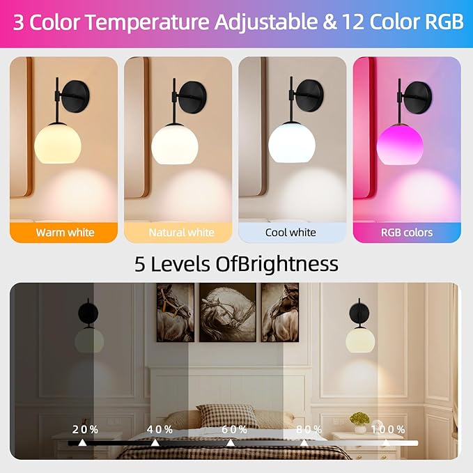 Battery Operated Wall Sconces Set of 2, Rechargeable Wall Lights with Frosted Glass Shade, 12 RGB and 3CCT Dimmable, Wall Lamps with Remote for Bedroom Living Room Hallway, Black