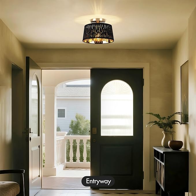 Modern Ceiling Light Fixture, 10 Inch Semi Flush Mount Lamp with Black Cut-Out Linen Shade, E26 Base, Gold for Kitchen Bedroom Hallway Closet Entryway Room Small Spaces