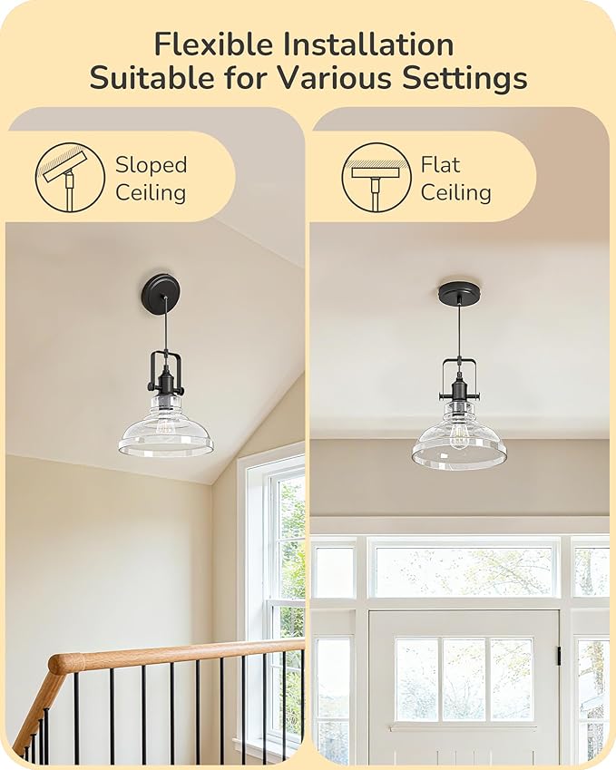EDISHINE Farmhouse Pendant Lights Kitchen Island, Clear Seeded Glass Shade Hanging Light with Matte Black Finish, Modern Pendant Light Fixtures with Open Shade, Over Island Bar,E26 Base