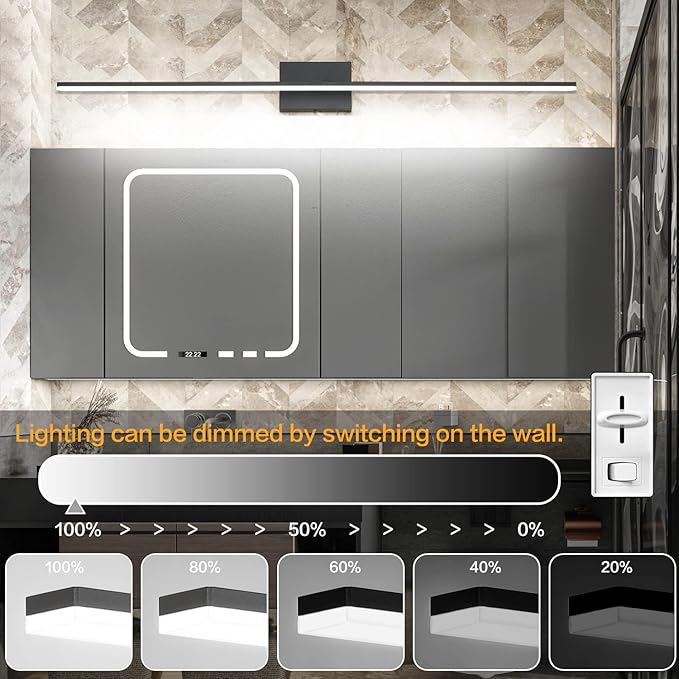 ZUZITO Black Bathroom Light Fixtures - 48 inch Modern Vanity Lights for Bath LED Bathroom Lights Over Mirror Dimmable Cool White Light