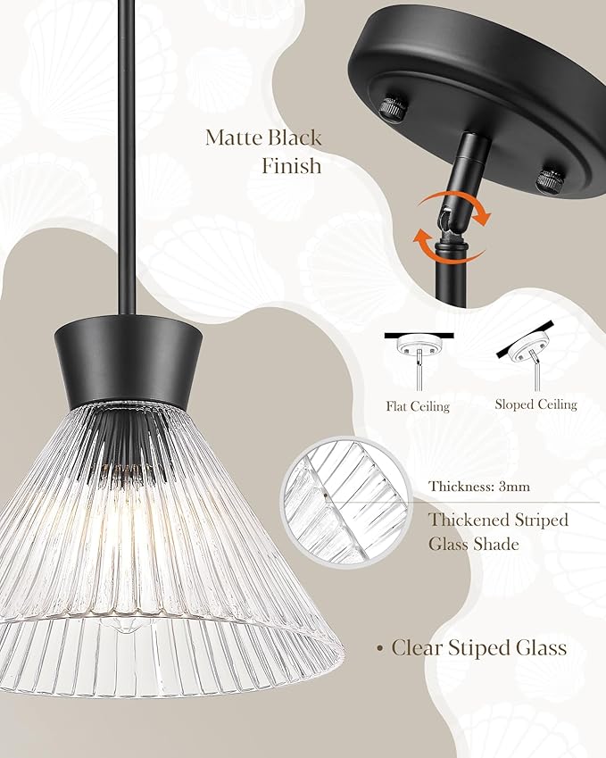 Black Pendant Light, HWH 1-Light 11-Inch Adjustable Hanging Light Fixture, Kitchen Pendant Light with Clear Striped Glass, Matte Black Finich, 5HZG108MIL BK
