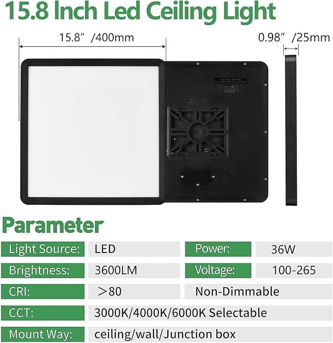 2PK 16 Inch Square LED Flush Mount Ceiling Light, 36W 3600LM, 3000K/4000K/6000K CCT Selectable, Super Slim Low Profile Ceiling Light Firxtue for Bedroom/Kitchen/Living room/Dinning room/Hallway, Black