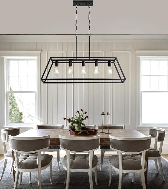 Black 5-Light Farmhouse Kitchen Island Lighting, Modern Industrial Linear Rectangle Chandelier Pendant Light Fixtures, Metal Vintage Cage Chandelier for Dining Room Kitchen Bar Foyer, E26 Base