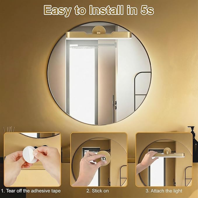 Benreom Wireless Vanity Lights for Mirror, Rechargeable Battery Operated Stick on Lamp, Adjustable Makeup Light, Cordless Magnetic LED Bar Renter Friendly Lighting Decor Gift, Gold