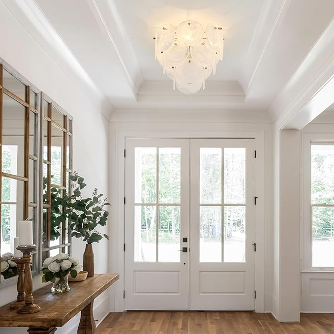 Modern Flush Mount Glass Ceiling Light Chrome Finish, Hallway Lights Vintage Chandelier, 4-Light Unique Light Fixture for Bedroom Entryway Kitchen