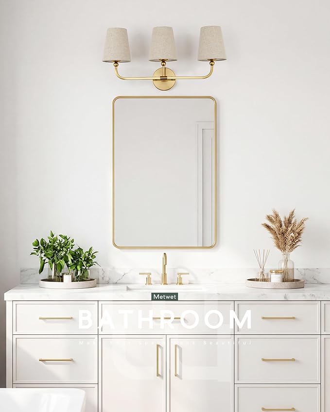 3-Light Bathroom Light Fixtures, Brushed Gold Vanity Lights with Brown Fabric Shade, Modern Sconces Wall Lighting for Hallway Bedroom, Upward Lighting, VL837-BG-L-3