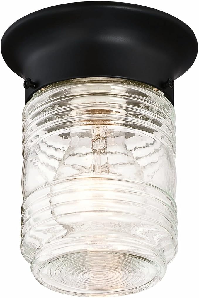 Design House Outdoor Ceiling Light, Jelly Jar Shape, Clear Ribbed Glass, Wet Rated, LED-Compatible, For Porches/Patios/Garages, Black, 4.8 in W x 5.9 in H, 587220