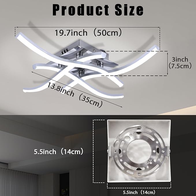 36W Modern LED Ceiling Light Fixture, 19.7Inch Curved Wave Ceiling Lamp with Remote for Bedroom, Kitchen, Hallway, Foyer Library Dining Room Silver 6000K Modern Ceiling Light Fixture