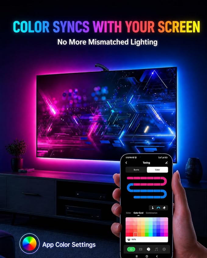 TV LED Backlight with Sensor, LED Sync Lights for TV 55-65 Inch, Smart Camera Sync to Screen, Ambient RGB Strip Lights for Gaming & Home Theater, App Control (14.7ft)