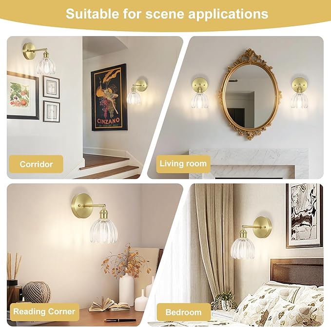 Hardwired Wall Sconces Set of Two, Vintage Wall Lights with Clear Tulip Glass Lampshade, Gold Wall Lamps for Bedroom Bedside Stairway Bathroom Living Room (Bulbs Not Included, Not Battery Powered)