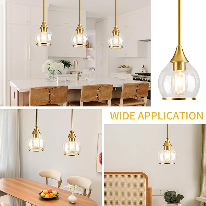 1-Piece Gold Island Light for Kitchen, 1-Light Brushed Gold Hanging Pendant Light with Clear Round Glass Shade for Dining Room,Bedroom