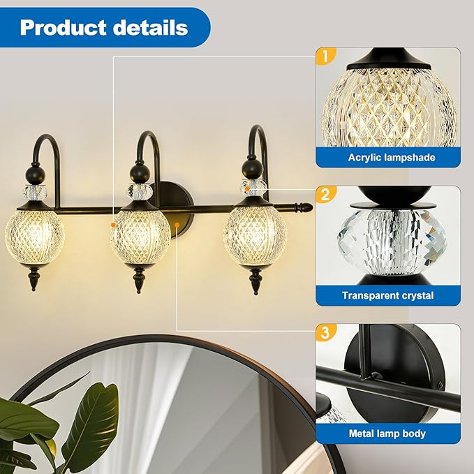 Vintage Vanity Light 3 Lights Black Bathroom Light Fixtures Over Mirror with Acrylic Globe Shade