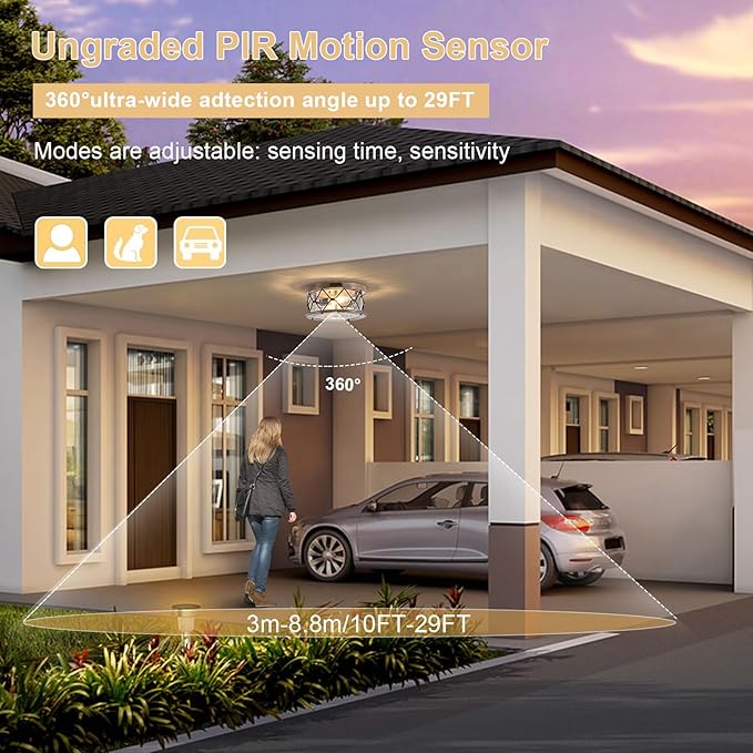 Motion Sensor Outdoor Flush Mount Ceiling Light, Industrial Glass Rustic Wood-Like Finish 2-Light Ceiling Lamp for Porch, Entryway, Garage, Timer and Sensitivity Adjustable (Wood-Like-Round)