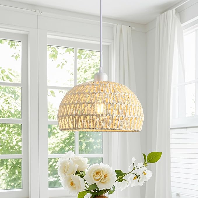 Rattan Pendant Light, Boho Dome Dining Room Chandelier, White Woven Kitchen Pendant Lighting over Island, Coastal Wicker Light Pendant Hanging Light Fixture for Nursery Entryway Bedroom, E26 Base