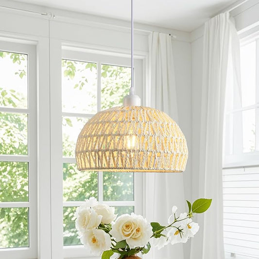 Rattan Pendant Light, Boho Dome Dining Room Chandelier, White Woven Kitchen Pendant Lighting over Island, Coastal Wicker Light Pendant Hanging Light Fixture for Nursery Entryway Bedroom, E26 Base