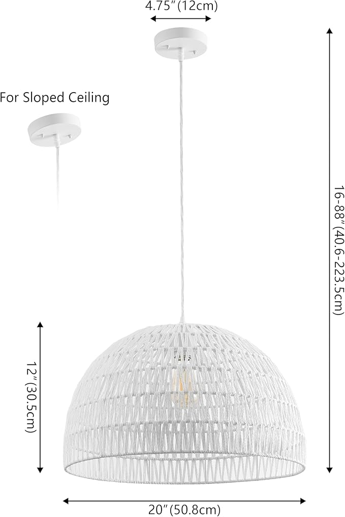 JONATHAN Y 20" White Modern Bohemian Woven Rope LED Pendant Light Fixture, Adjustable Dome Ceiling Lamp for Kitchen Island, Rope Shade, Coastal Farmhouse Decor (JYL6504E)