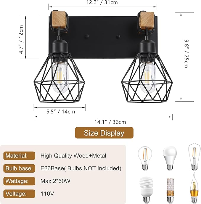 Farmhouse Vanity Light for Bathroom, 2-Light Wood Bathroom Vanity Light Fixtures Over Mirror, Rustic Sconces Wall Lighting with Metal Lampshade for Living Room, Bedroom, Hallway