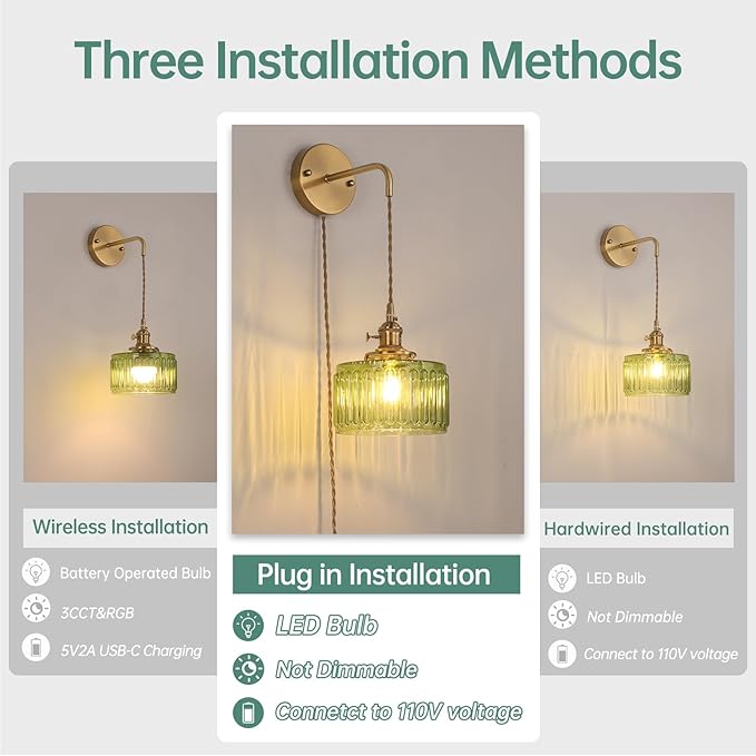 Shenmoyl Vintage Wall Sconce Wall Lamp with Green Striped Glass Shade Hanging Wall Sconce with 4.9FT Plug in Cord, Modern Wall Lamp Fixtures Decor for Bedside Bedroom Indoor Doorway