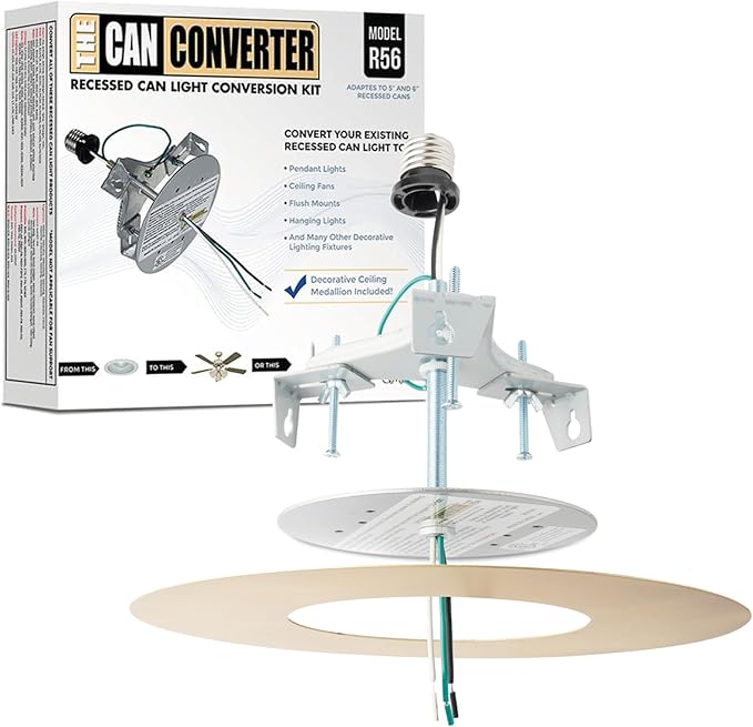 The Can Converter R56 Recessed Can Light Conversion Kit w/ 7"¾ Flat Ceiling Medallion - Home Improvement for 5" & 6" Cans, Converter Kit for Ceiling Fan & Light Fixture, UL Certified, Brushed Brass