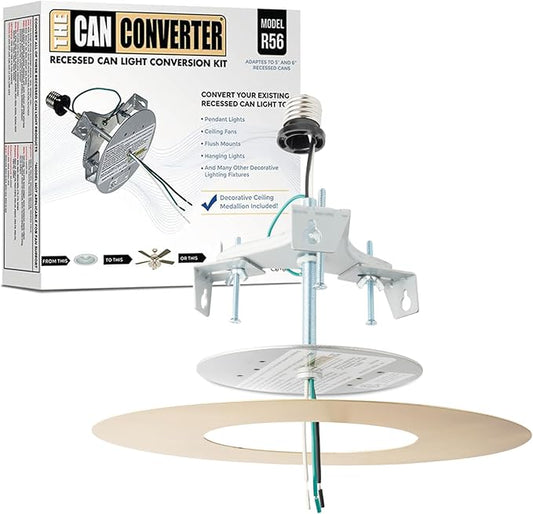 The Can Converter R56 Recessed Can Light Conversion Kit w/ 7"¾ Flat Ceiling Medallion - Home Improvement for 5" & 6" Cans, Converter Kit for Ceiling Fan & Light Fixture, UL Certified, Brushed Brass