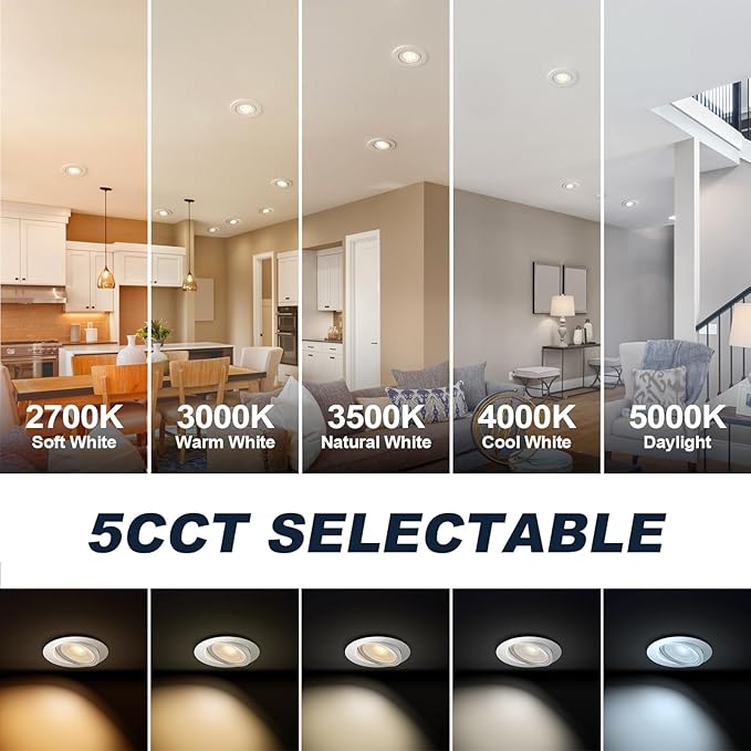 6 Pack White 4-inch 5 CCT Gimbal LED Recessed/Downlight Color Selectable 2700K/3000K/3500K/4000K/5000K 800Lm 9W 120V Dimness Adjustable LED Lights