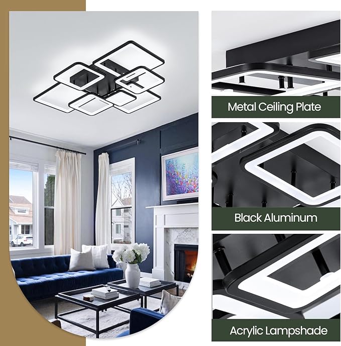 Modern LED Ceiling Light 35.04" Dimmable Black Flush Mount Ceiling Light with Remote 7 Rings 90W 3000K-6500K Ceiling Lamp for Living Room,Bedroom,Kitchen