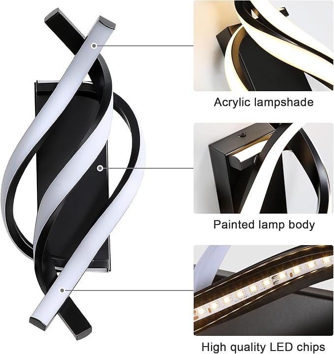 DELIPOP Wall Sconces, Spiral Modern LED Wall Sconce Lighting, 21W 3000K Warm Light Indoor Wall Light Fixtures, Acrylic LED Wall Lamp for Bedroom Bathroom Living Room Hallway Balcony (Black)