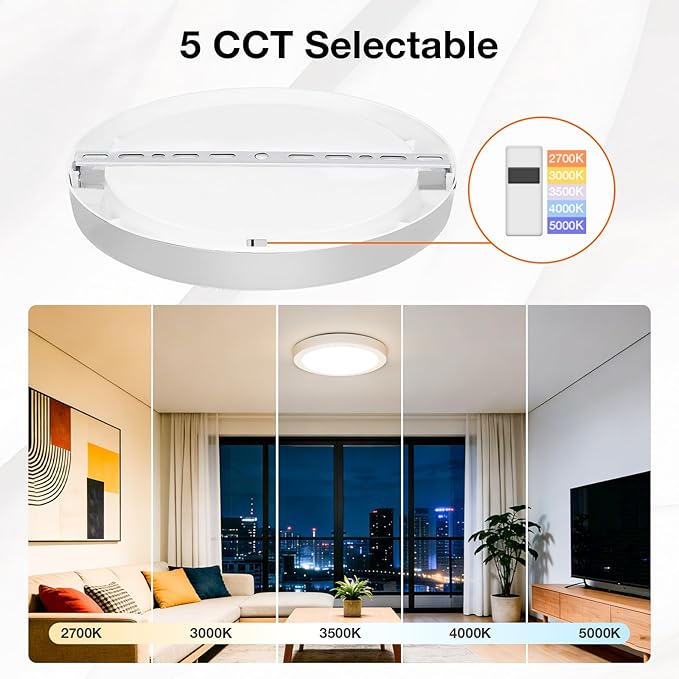 Sylvania 12" LED Flush Mount Ceiling Light Fixture, 24W, 5 Color Select (2700K - 5000K), 1600 LMS, Hardwired, White, LED Lights for Bedroom Kitchen Hallway Porch - 1 Pack (66462)