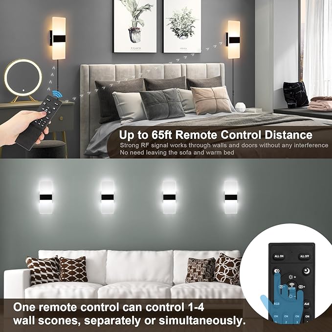 GOODATE 4 Pack Plug in Wall Sconces with Remote Control, Dimmable, Adjustable 3000K-6500K Colors, Black 12W Acrylic LED Plug in Wall Light, Wall Lamps for Bedroom Living Room Hallway Stair
