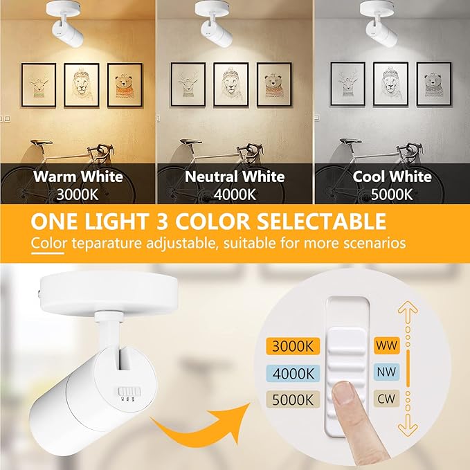 VANoopee 3-Color Dimmable LED Ceiling Spotlight Flush Mount Adjustable Spotlight Directional Spot Lights Indoor Bright Accent Fixture for Living Room Bedroom - CRI90 36° Flicker Free 10W 1000lm White