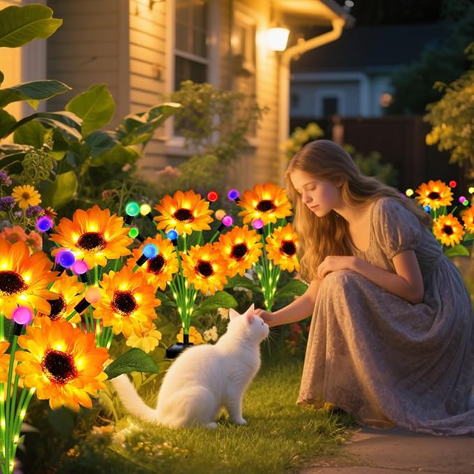 Solar Garden Lights-2 Pack Solar Sunflowers with Multicolor Changing Swaying Firefly Lights,Gifts for Mom Women Mothers Day Birthday,Waterproof Firefly Sunflower Light for Outdoor Patio Yard Decor