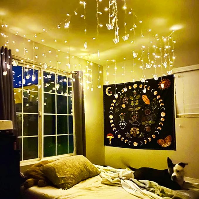 Butterfly Curtain Fairy Lights USB Plug in,8 Modes 120 LED 21FT Firefly Twinkle Timer String Lights with Remote, Waterproof for Bedroom Patio Christmas Wedding Party (Warm White)