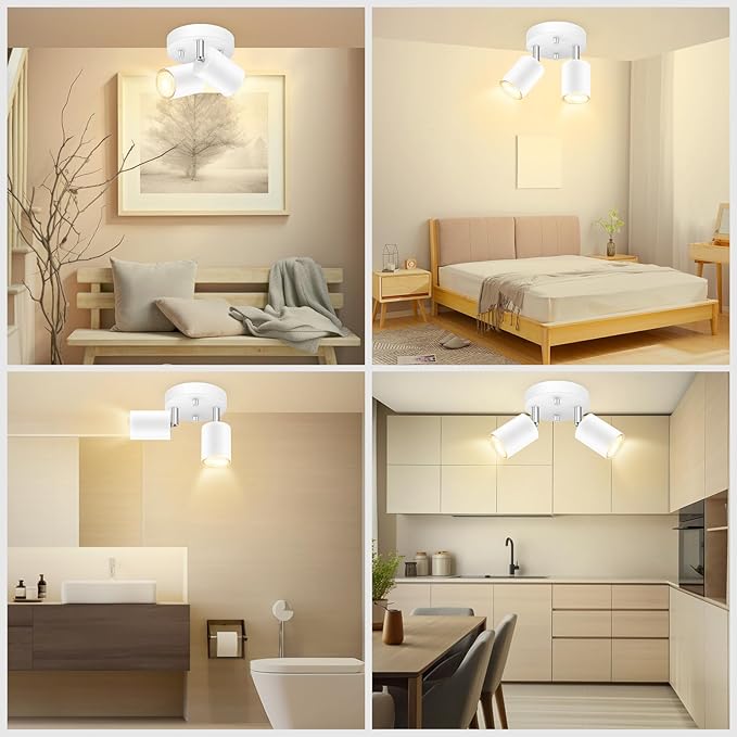 BoostArea LED 2 Light Track Lighting Kit, LED Track Lighting Fixtures, White Round Ceiling Spot Lighting, Flexibly Rotatable Light Head for Kitchen, Living Room, Bedroom, GU10 Bulb Not Included