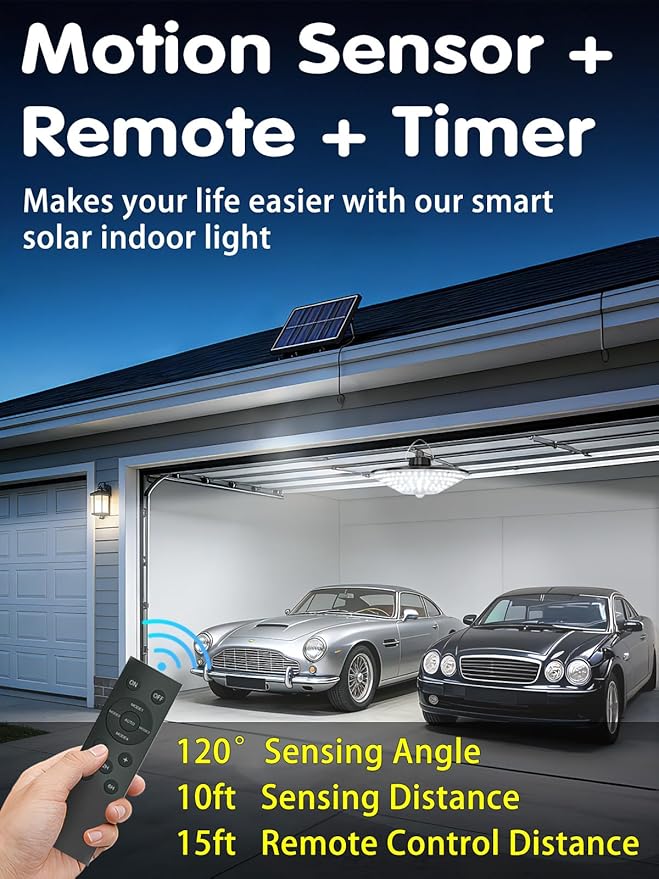Solar Lights Indoor Outdoor, Solar Pendant Lights with Motion Sensor & Remote, 198 Bright LEDs, 5 Lighting Modes, Waterproof Energy Efficient for Shed Barn Chicken Coop Gazebo Garage Day & Night