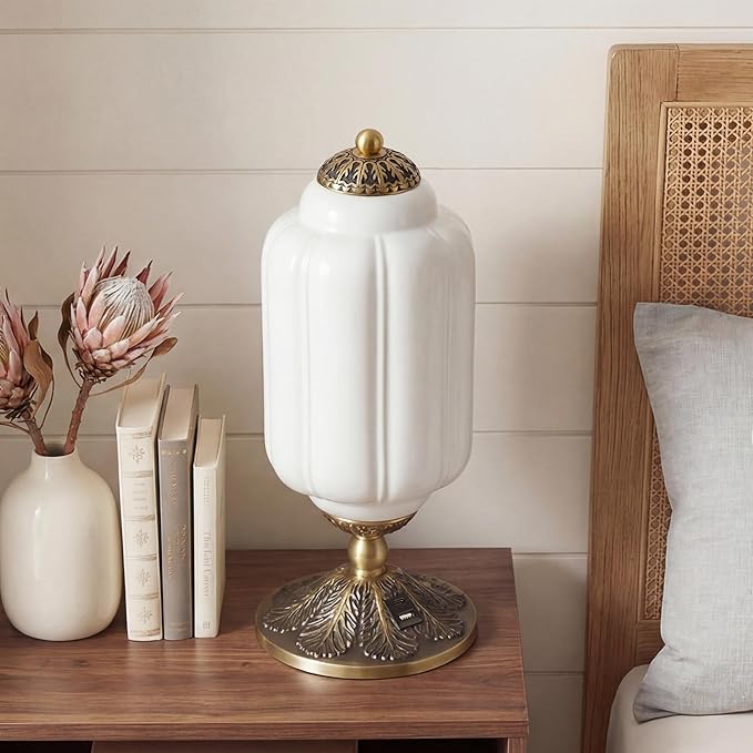Milk Glass Touch Table Lamp, 3 Way Dimmable Glass Lamp USB C+A Charging Ports, Modern Large Beside Lamps for Bedroom, Living Room, Desk LED Bulb Inculded (White)