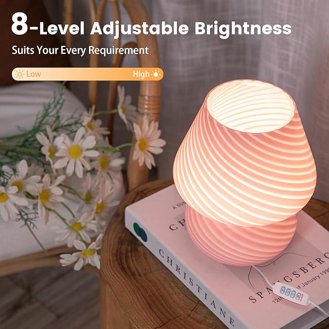 ULAROOM Dorm USB Plug-in Mushroom Lamp Small Bedside Table Lamp with 3 Temperature LED Bulb, Free Dimming Nights Light for Bedroom/Living Room/Entryway/Corner/Table Decor (Stripe Pink)