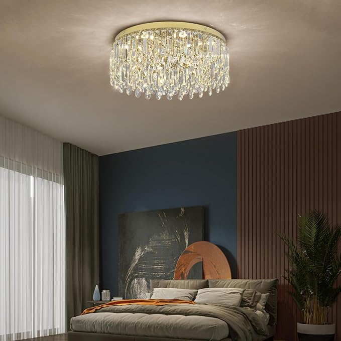 Deckrico 19.7" Gold Crystal Chandelier, Modern Flush Mount Ceiling Light Fixture Luxury Tri-Color LED Lighting for Living Room Dining Room Bedroom